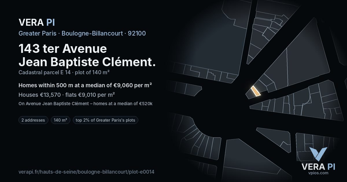 143 ter Avenue Jean Baptiste Clément, Boulogne-Billancourt at night – the plot lit, the parcels around coloured by the prices near them