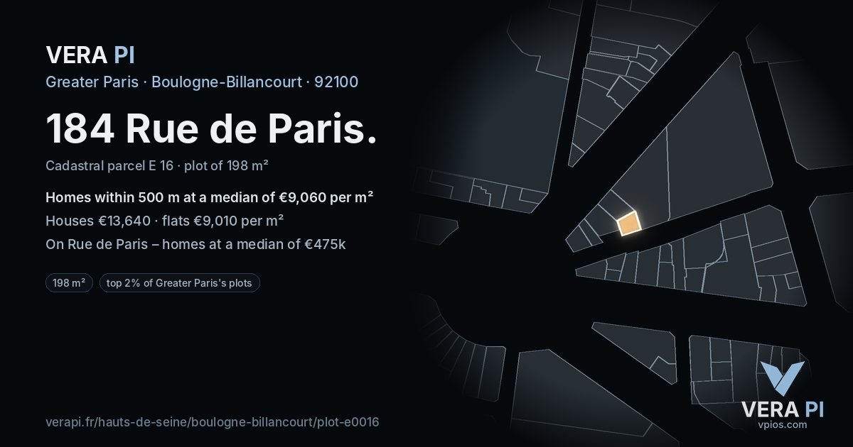 184 Rue de Paris, Boulogne-Billancourt at night – the plot lit, the parcels around coloured by the prices near them