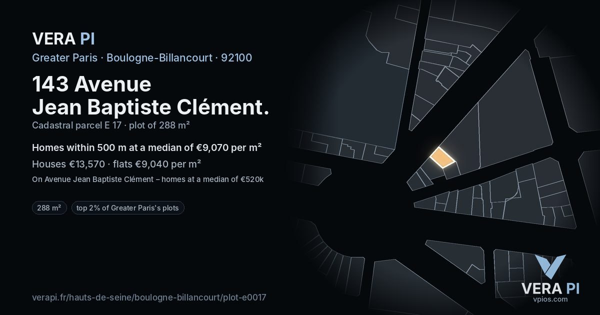 143 Avenue Jean Baptiste Clément, Boulogne-Billancourt at night – the plot lit, the parcels around coloured by the prices near them