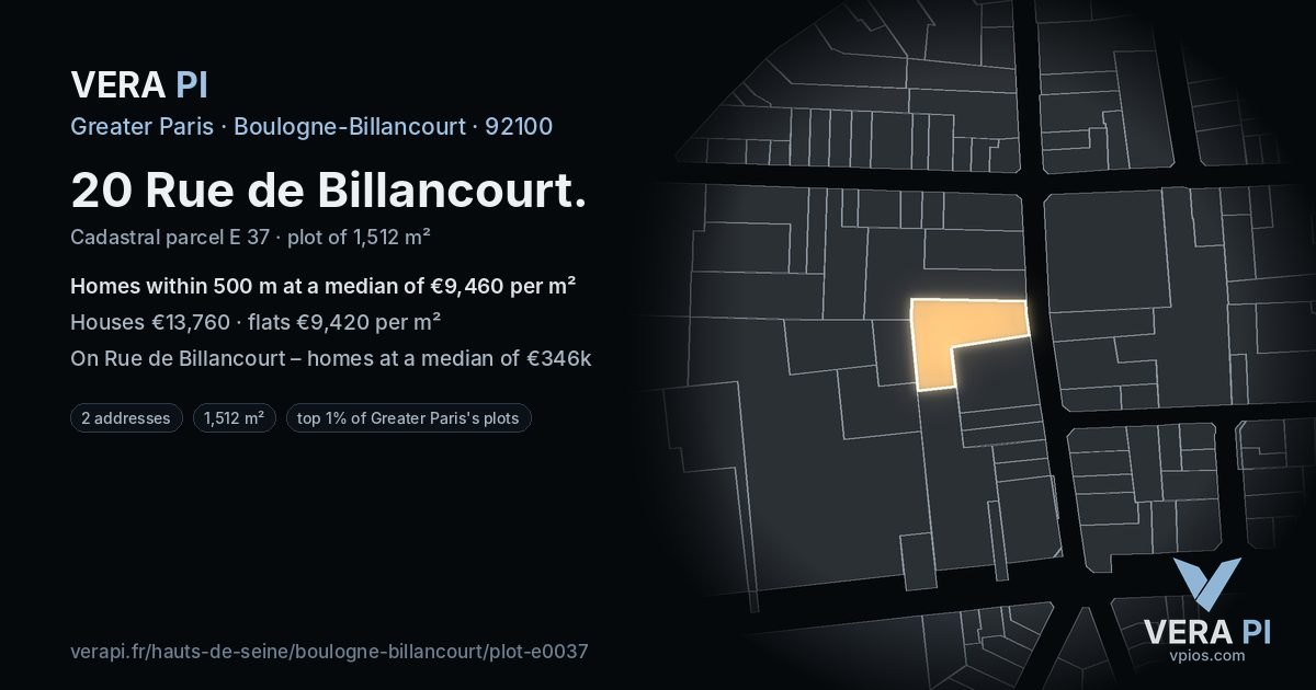 20 Rue de Billancourt, Boulogne-Billancourt at night – the plot lit, the parcels around coloured by the prices near them