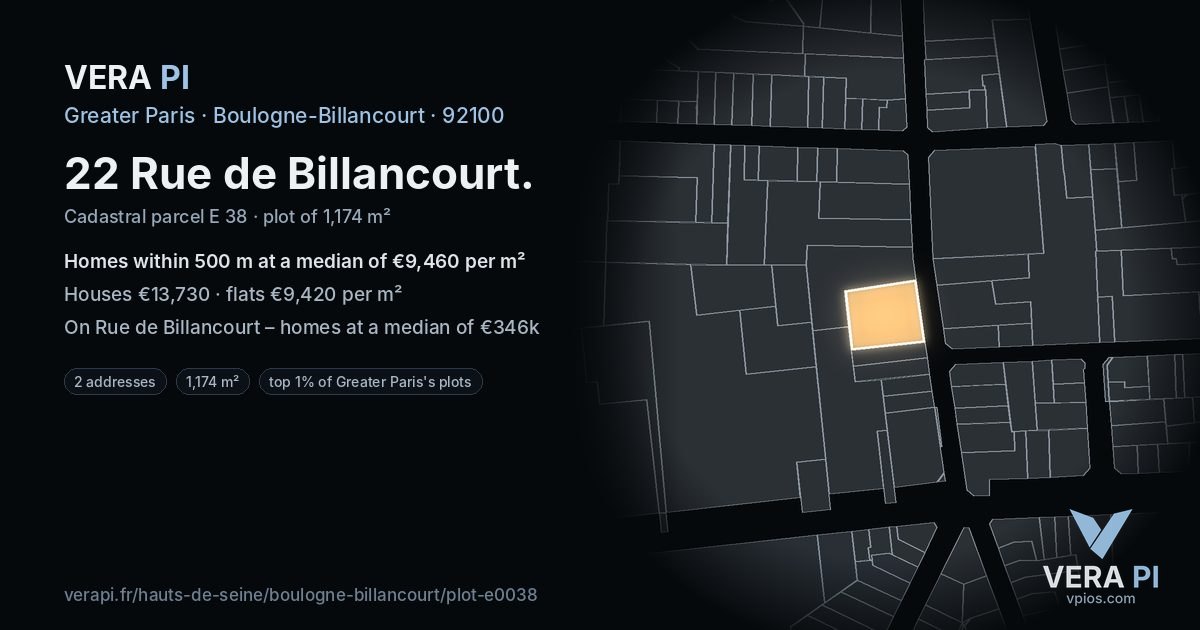 22 Rue de Billancourt, Boulogne-Billancourt at night – the plot lit, the parcels around coloured by the prices near them