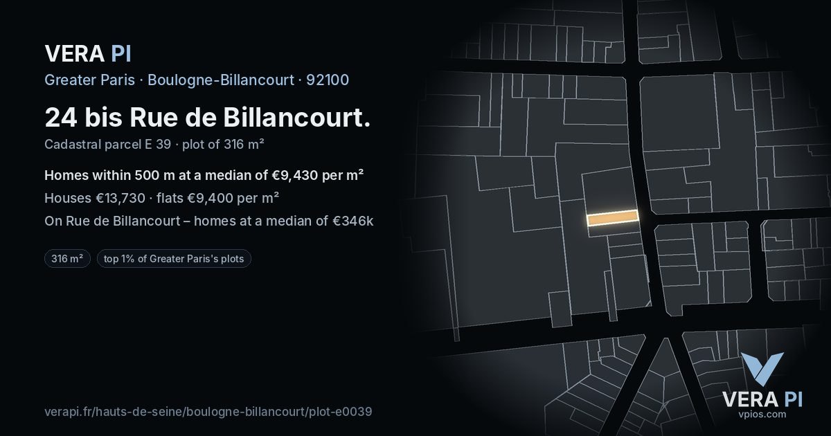24 bis Rue de Billancourt, Boulogne-Billancourt at night – the plot lit, the parcels around coloured by the prices near them
