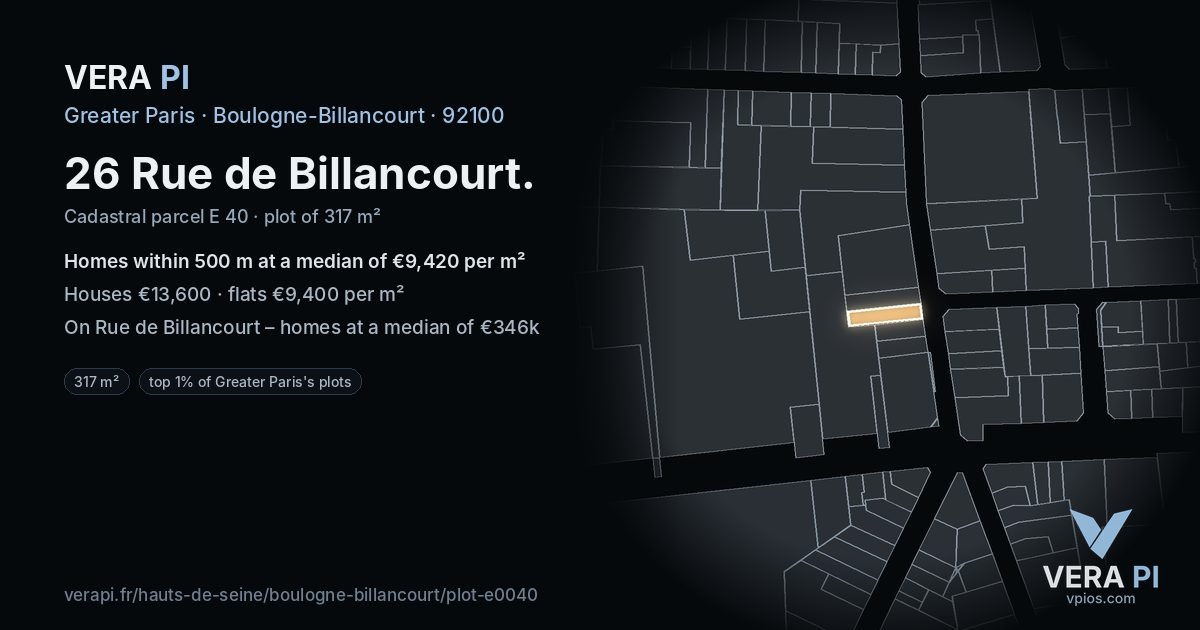 26 Rue de Billancourt, Boulogne-Billancourt at night – the plot lit, the parcels around coloured by the prices near them
