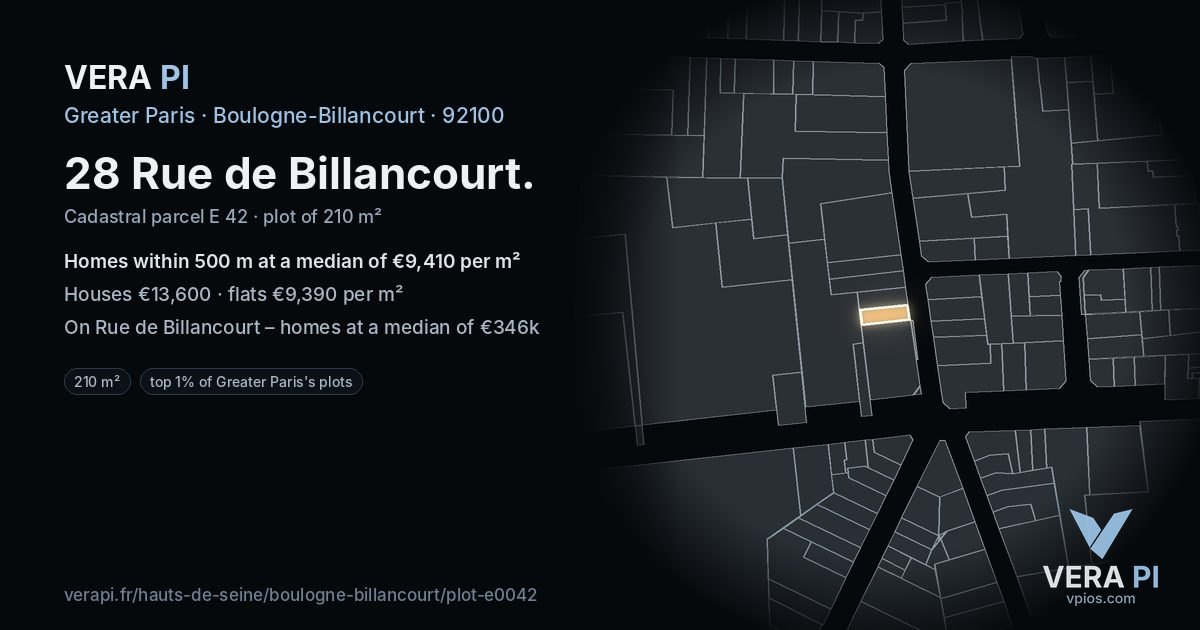 28 Rue de Billancourt, Boulogne-Billancourt at night – the plot lit, the parcels around coloured by the prices near them