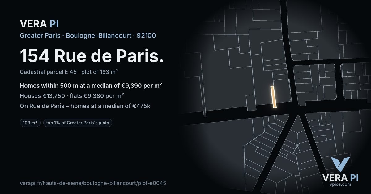 154 Rue de Paris, Boulogne-Billancourt at night – the plot lit, the parcels around coloured by the prices near them