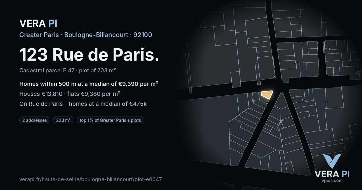 123 Rue de Paris, Boulogne-Billancourt at night – the plot lit, the parcels around coloured by the prices near them
