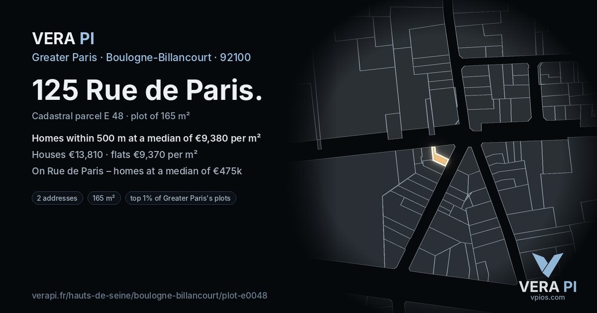 125 Rue de Paris, Boulogne-Billancourt at night – the plot lit, the parcels around coloured by the prices near them