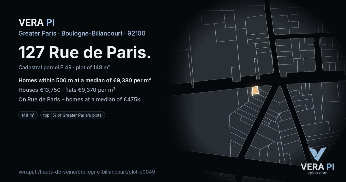 127 Rue de Paris, Boulogne-Billancourt at night – the plot lit, the parcels around coloured by the prices near them