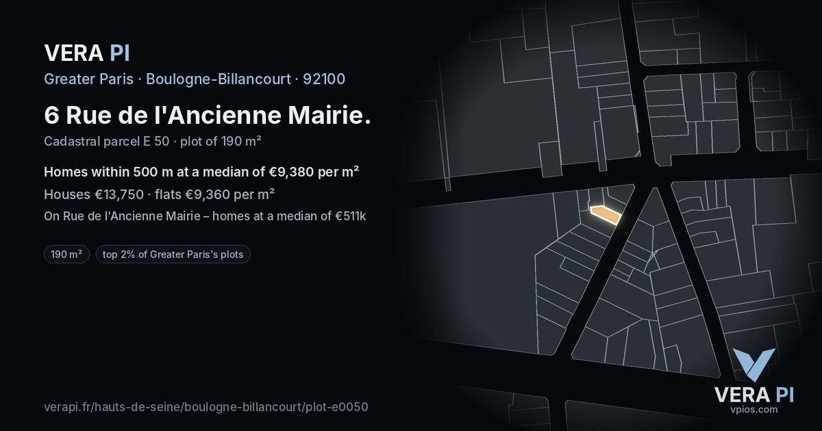 6 Rue de l'Ancienne Mairie, Boulogne-Billancourt at night – the plot lit, the parcels around coloured by the prices near them