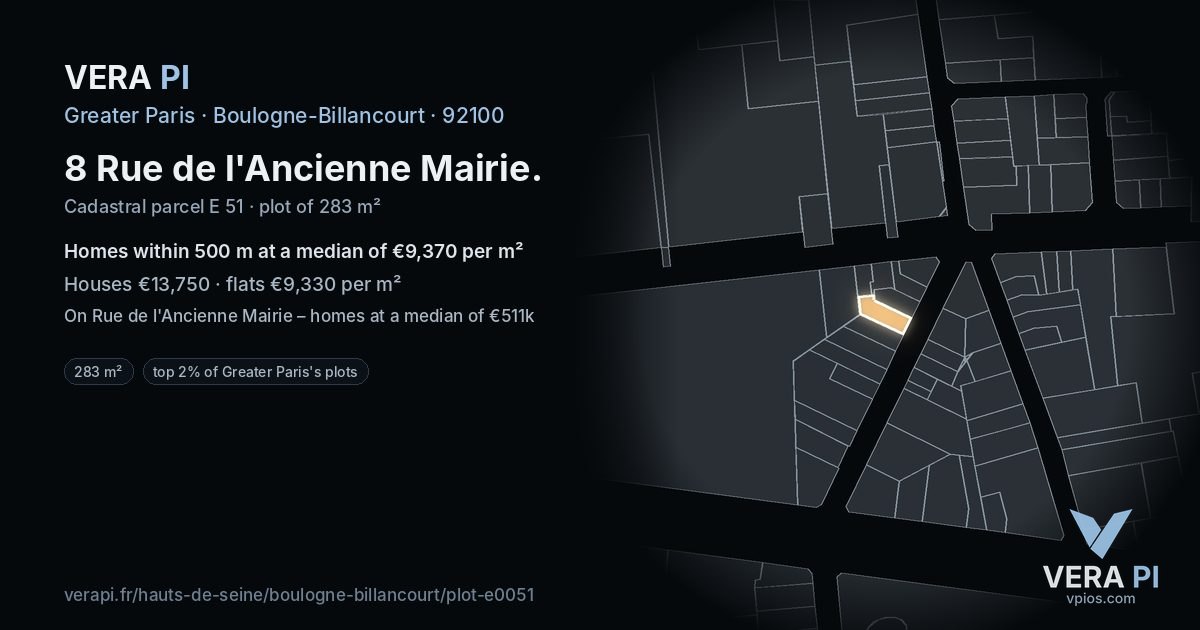 8 Rue de l'Ancienne Mairie, Boulogne-Billancourt at night – the plot lit, the parcels around coloured by the prices near them
