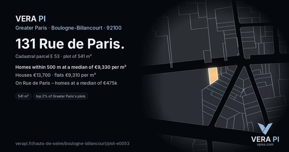 131 Rue de Paris, Boulogne-Billancourt at night – the plot lit, the parcels around coloured by the prices near them