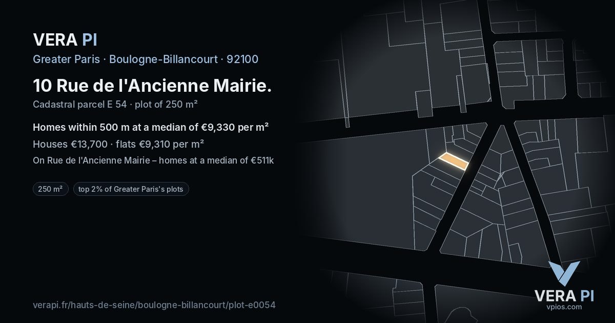 10 Rue de l'Ancienne Mairie, Boulogne-Billancourt at night – the plot lit, the parcels around coloured by the prices near them