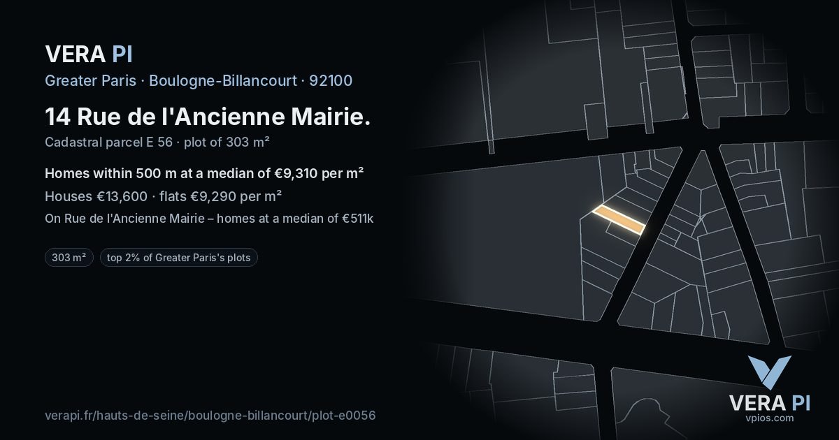 14 Rue de l'Ancienne Mairie, Boulogne-Billancourt at night – the plot lit, the parcels around coloured by the prices near them