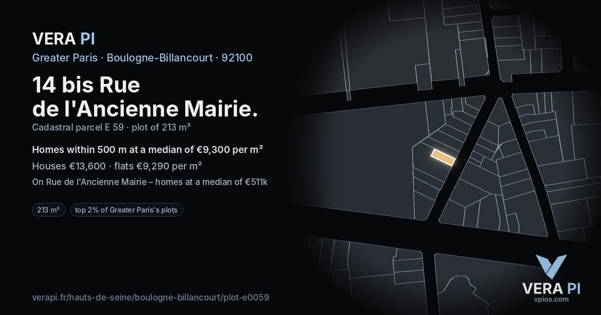 14 bis Rue de l'Ancienne Mairie, Boulogne-Billancourt at night – the plot lit, the parcels around coloured by the prices near them