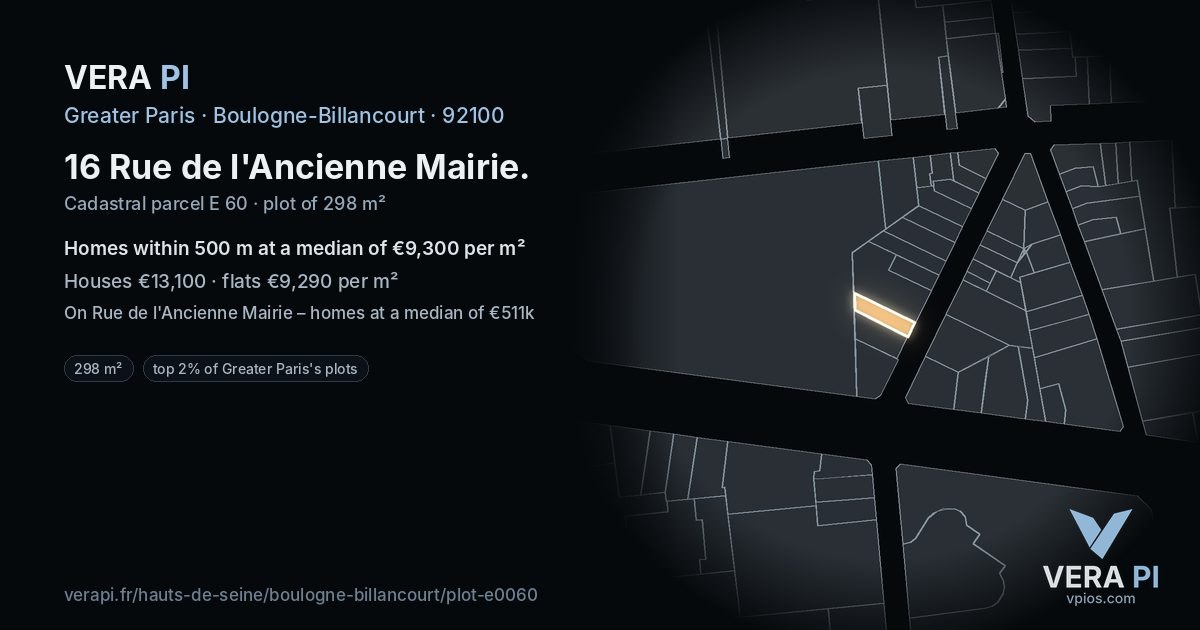 16 Rue de l'Ancienne Mairie, Boulogne-Billancourt at night – the plot lit, the parcels around coloured by the prices near them
