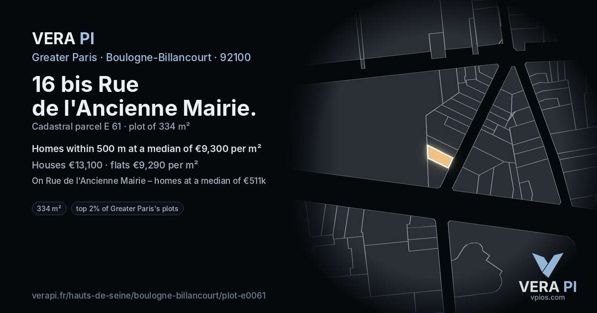 16 bis Rue de l'Ancienne Mairie, Boulogne-Billancourt at night – the plot lit, the parcels around coloured by the prices near them