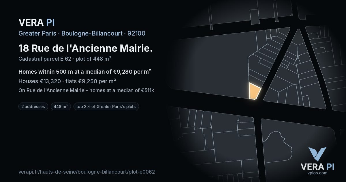 18 Rue de l'Ancienne Mairie, Boulogne-Billancourt at night – the plot lit, the parcels around coloured by the prices near them