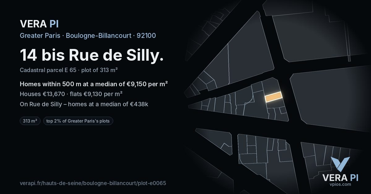 14 bis Rue de Silly, Boulogne-Billancourt at night – the plot lit, the parcels around coloured by the prices near them