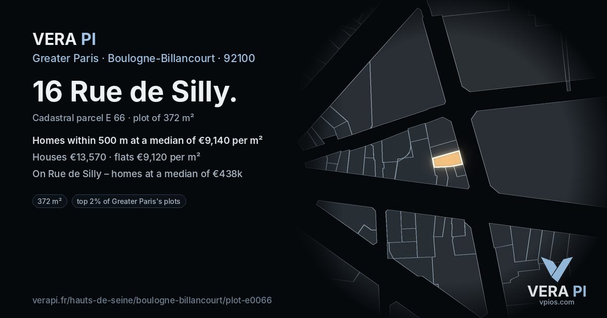 16 Rue de Silly, Boulogne-Billancourt at night – the plot lit, the parcels around coloured by the prices near them