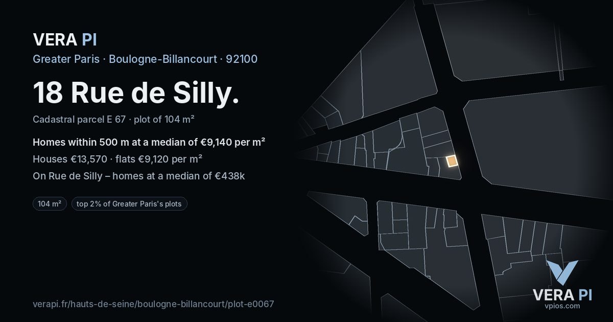 18 Rue de Silly, Boulogne-Billancourt at night – the plot lit, the parcels around coloured by the prices near them