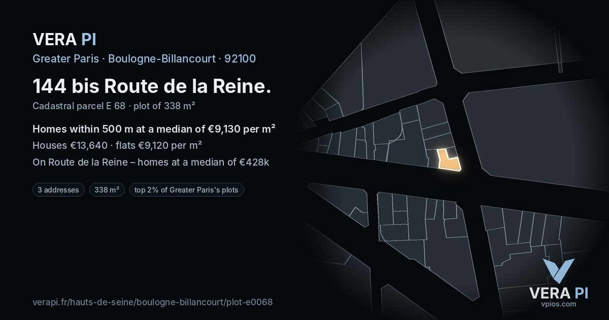 144 bis Route de la Reine, Boulogne-Billancourt at night – the plot lit, the parcels around coloured by the prices near them