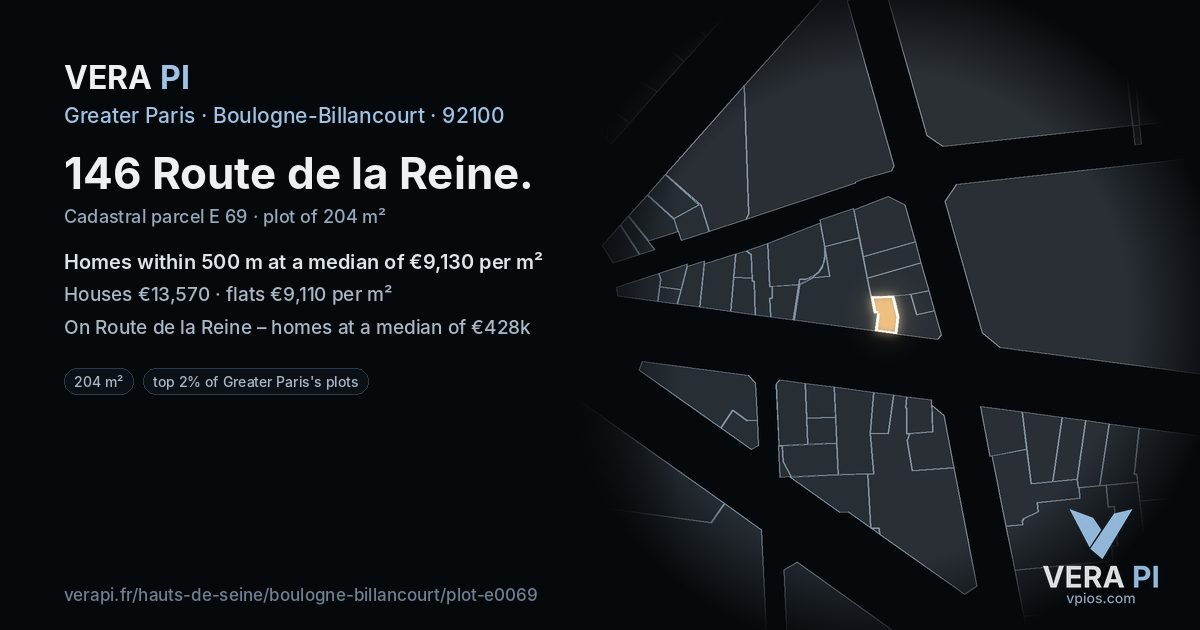 146 Route de la Reine, Boulogne-Billancourt at night – the plot lit, the parcels around coloured by the prices near them