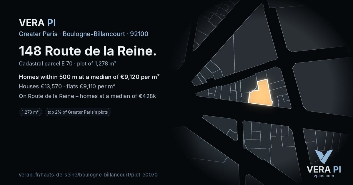 148 Route de la Reine, Boulogne-Billancourt at night – the plot lit, the parcels around coloured by the prices near them
