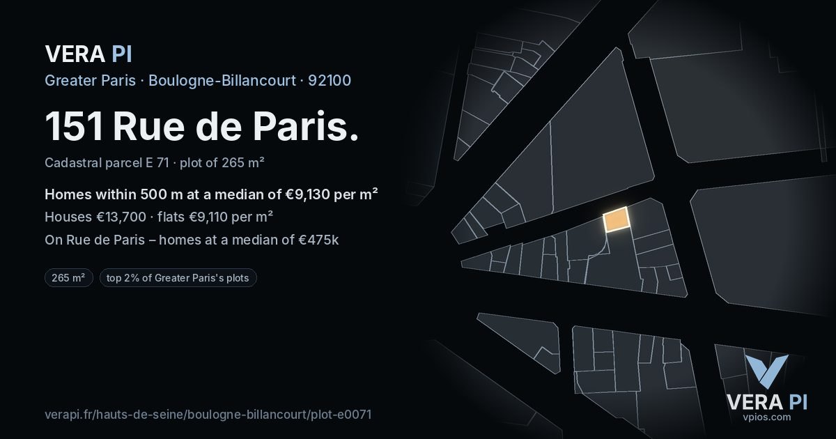 151 Rue de Paris, Boulogne-Billancourt at night – the plot lit, the parcels around coloured by the prices near them