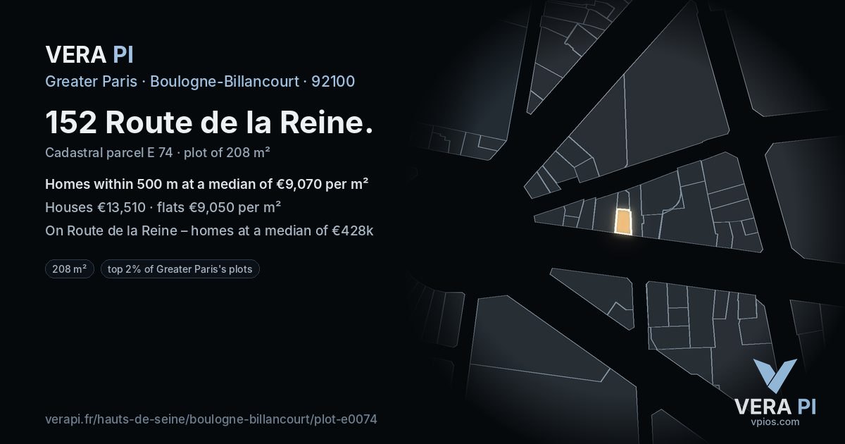 152 Route de la Reine, Boulogne-Billancourt at night – the plot lit, the parcels around coloured by the prices near them