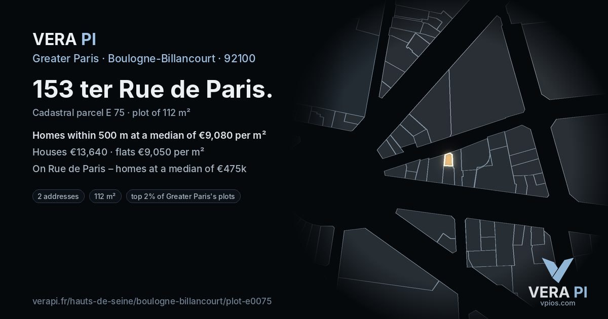 153 ter Rue de Paris, Boulogne-Billancourt at night – the plot lit, the parcels around coloured by the prices near them