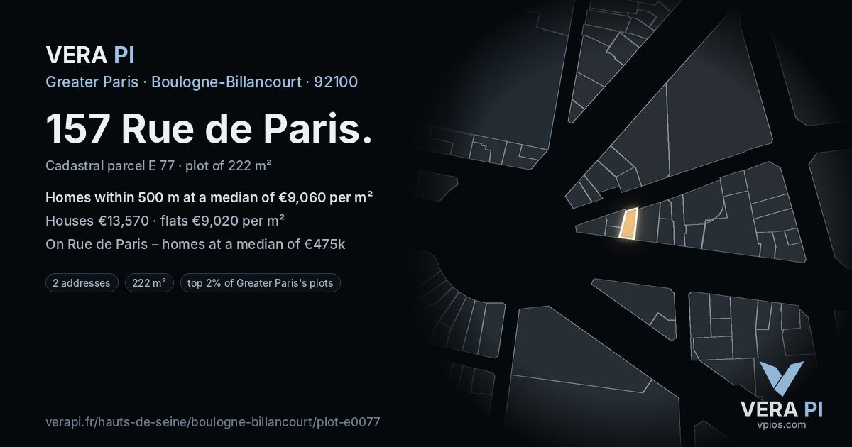 157 Rue de Paris, Boulogne-Billancourt at night – the plot lit, the parcels around coloured by the prices near them