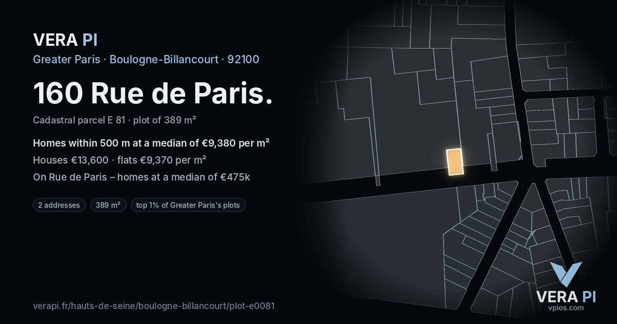 160 Rue de Paris, Boulogne-Billancourt at night – the plot lit, the parcels around coloured by the prices near them