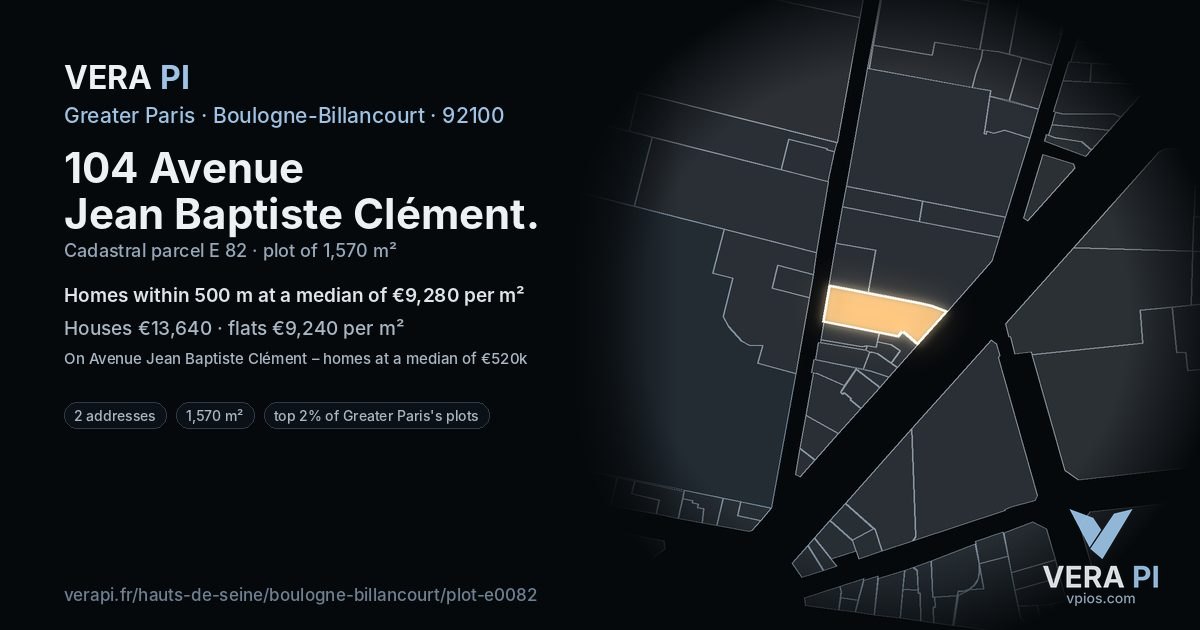 104 Avenue Jean Baptiste Clément, Boulogne-Billancourt at night – the plot lit, the parcels around coloured by the prices near them