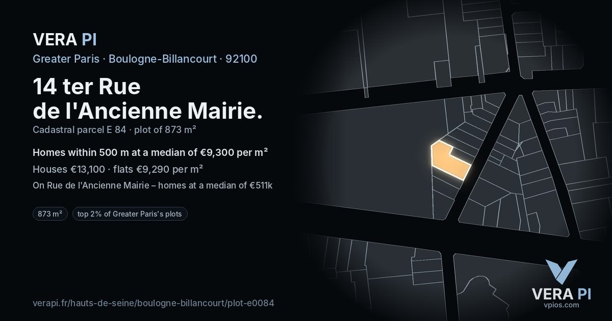 14 ter Rue de l'Ancienne Mairie, Boulogne-Billancourt at night – the plot lit, the parcels around coloured by the prices near them