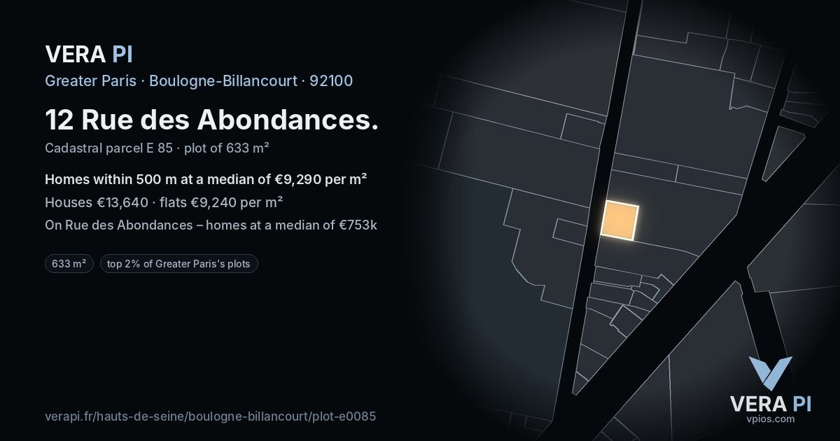 12 Rue des Abondances, Boulogne-Billancourt at night – the plot lit, the parcels around coloured by the prices near them