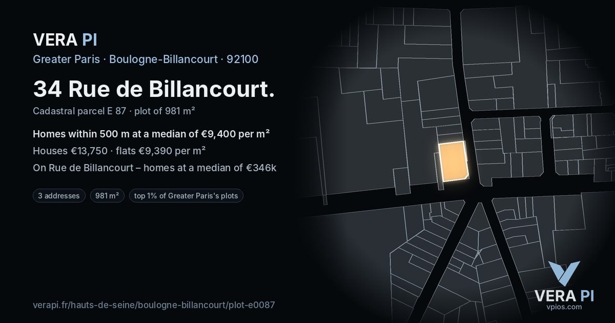 34 Rue de Billancourt, Boulogne-Billancourt at night – the plot lit, the parcels around coloured by the prices near them