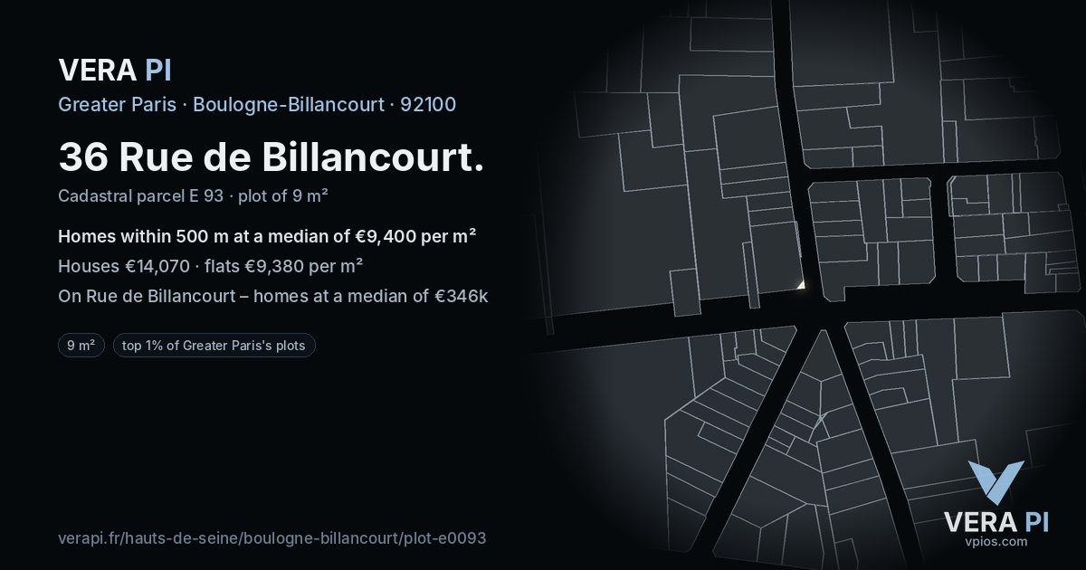 36 Rue de Billancourt, Boulogne-Billancourt at night – the plot lit, the parcels around coloured by the prices near them