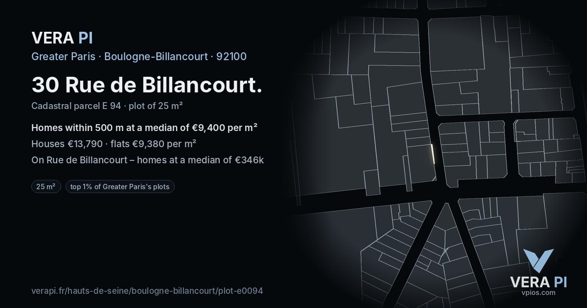 30 Rue de Billancourt, Boulogne-Billancourt at night – the plot lit, the parcels around coloured by the prices near them