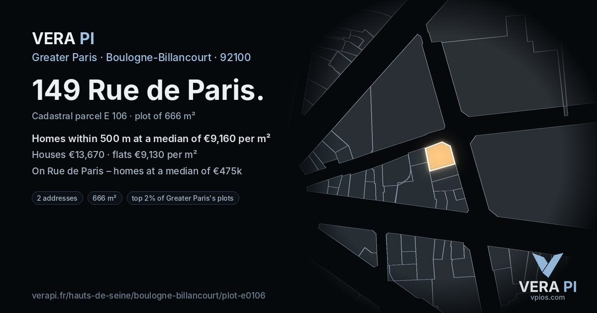 149 Rue de Paris, Boulogne-Billancourt at night – the plot lit, the parcels around coloured by the prices near them