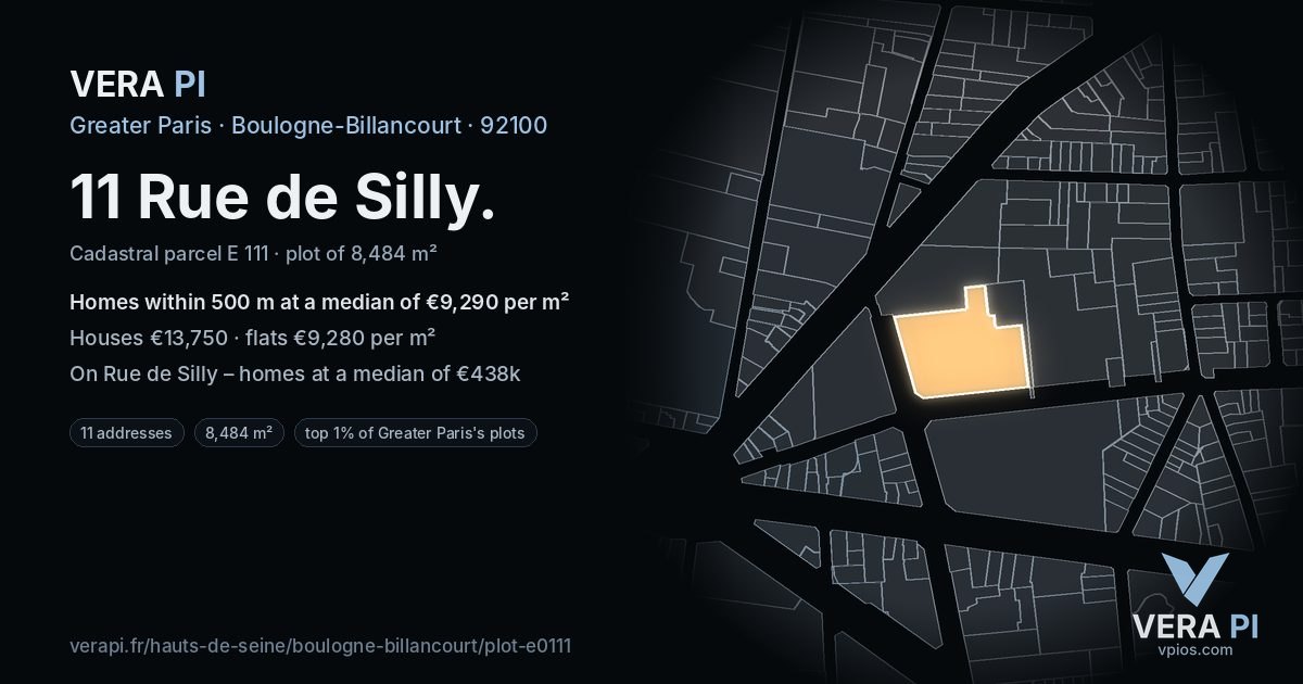 11 Rue de Silly, Boulogne-Billancourt at night – the plot lit, the parcels around coloured by the prices near them