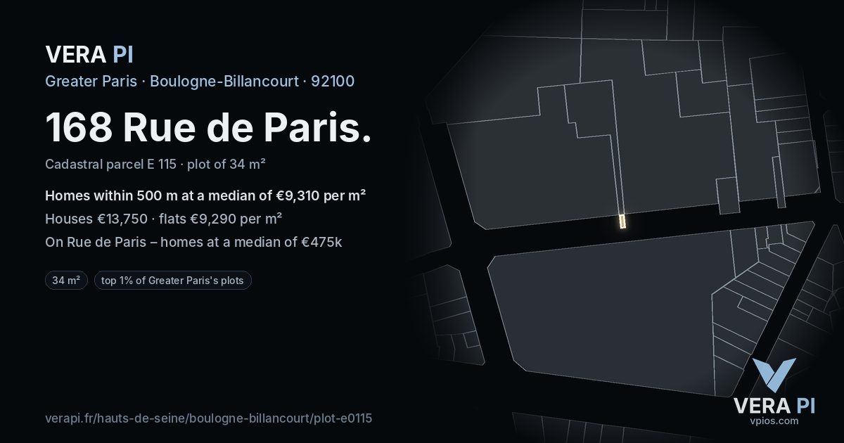 168 Rue de Paris, Boulogne-Billancourt at night – the plot lit, the parcels around coloured by the prices near them