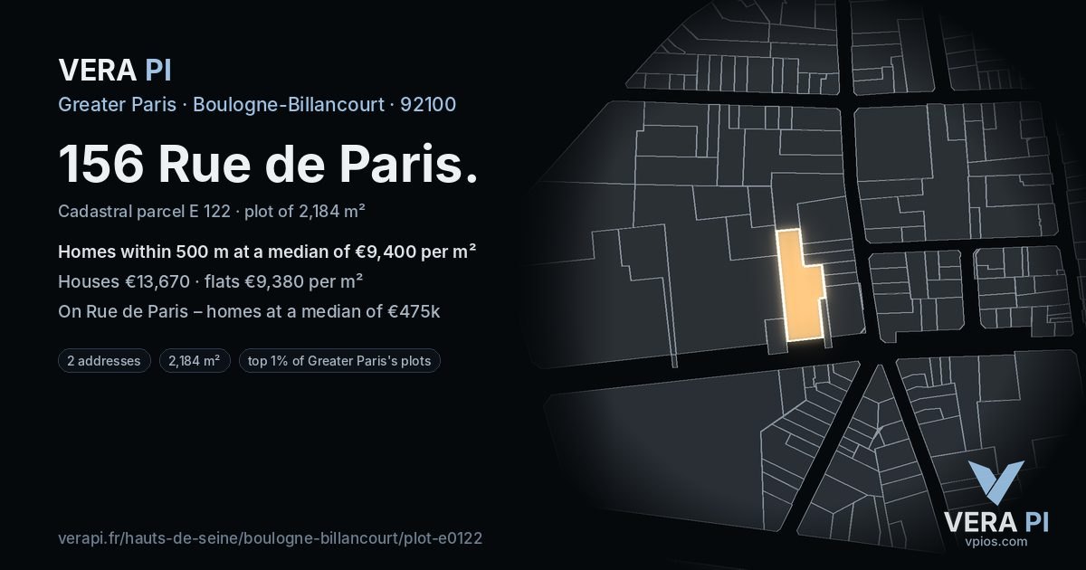 156 Rue de Paris, Boulogne-Billancourt at night – the plot lit, the parcels around coloured by the prices near them