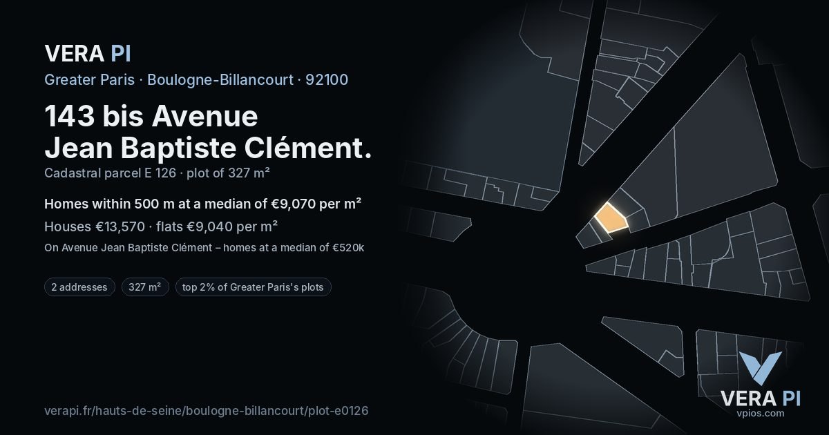 143 bis Avenue Jean Baptiste Clément, Boulogne-Billancourt at night – the plot lit, the parcels around coloured by the prices near them