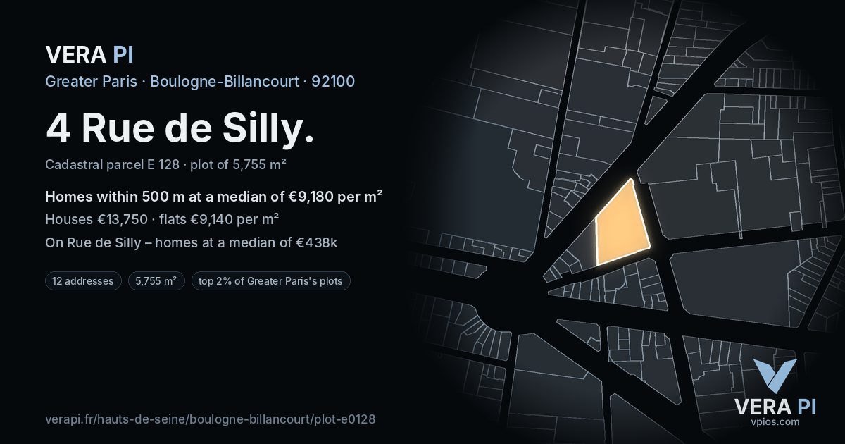 4 Rue de Silly, Boulogne-Billancourt at night – the plot lit, the parcels around coloured by the prices near them