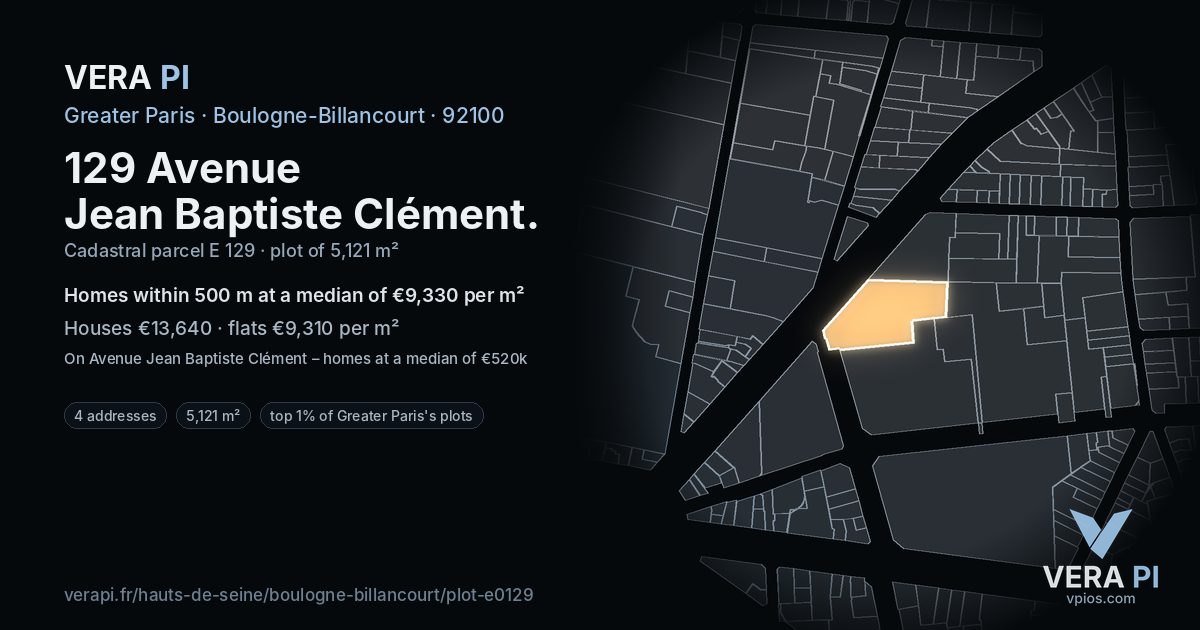 129 Avenue Jean Baptiste Clément, Boulogne-Billancourt at night – the plot lit, the parcels around coloured by the prices near them