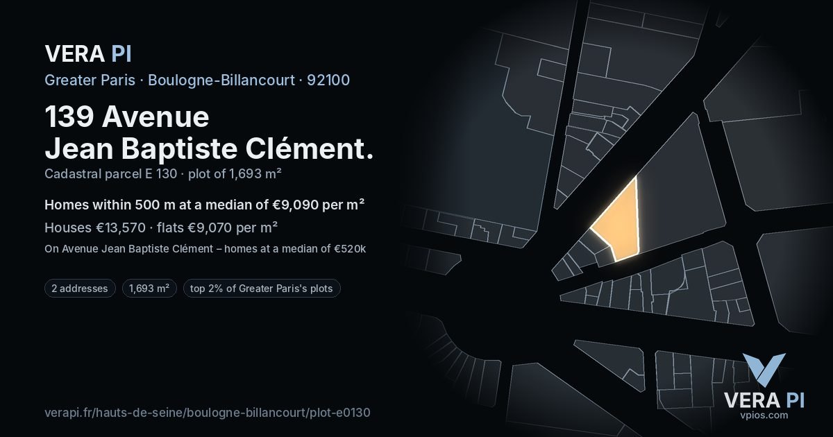 139 Avenue Jean Baptiste Clément, Boulogne-Billancourt at night – the plot lit, the parcels around coloured by the prices near them
