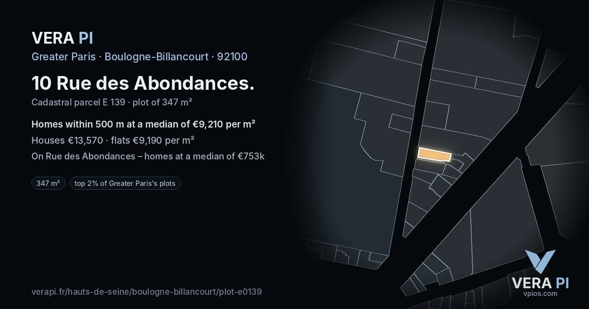 10 Rue des Abondances, Boulogne-Billancourt at night – the plot lit, the parcels around coloured by the prices near them