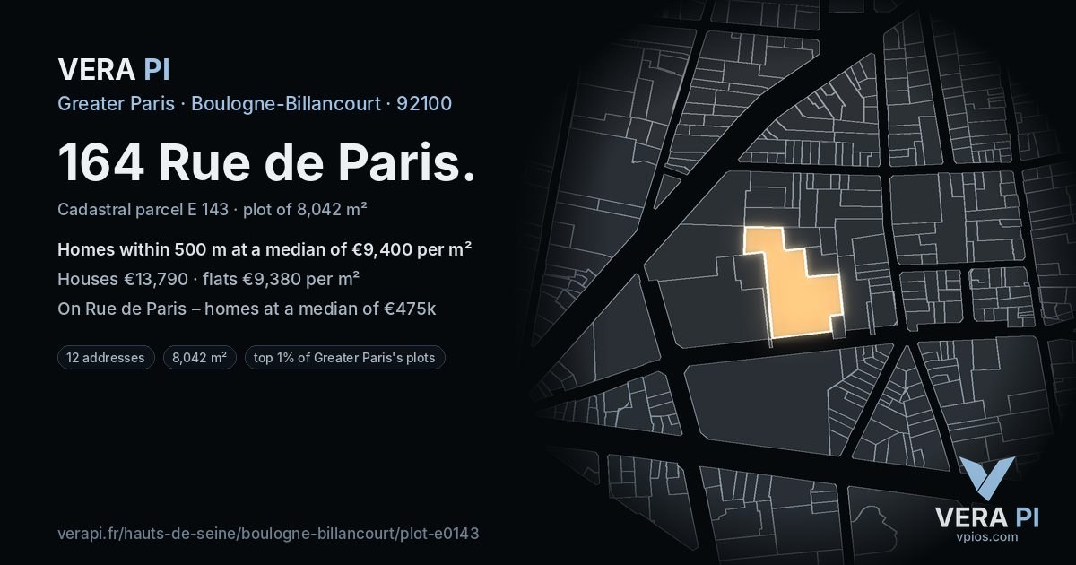 164 Rue de Paris, Boulogne-Billancourt at night – the plot lit, the parcels around coloured by the prices near them