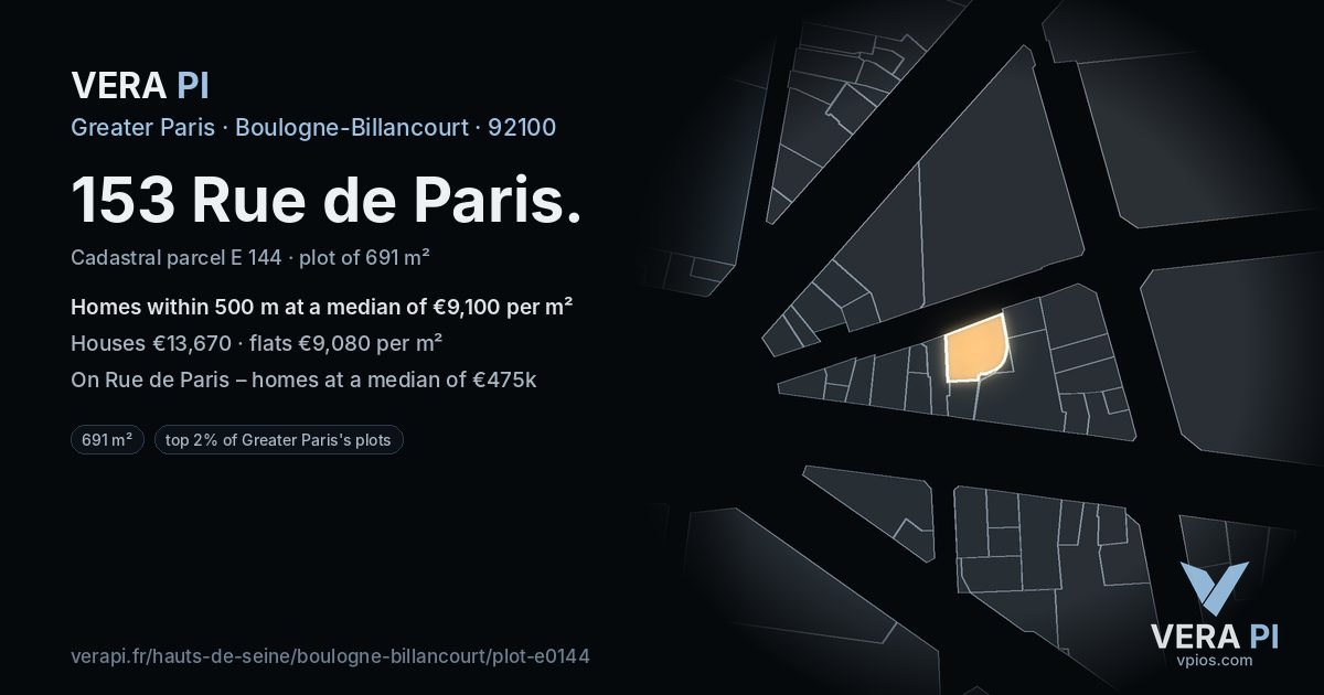 153 Rue de Paris, Boulogne-Billancourt at night – the plot lit, the parcels around coloured by the prices near them