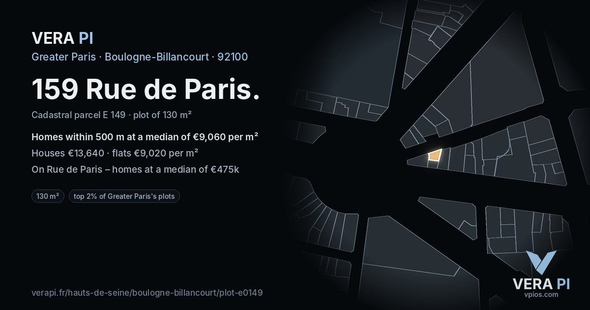 159 Rue de Paris, Boulogne-Billancourt at night – the plot lit, the parcels around coloured by the prices near them